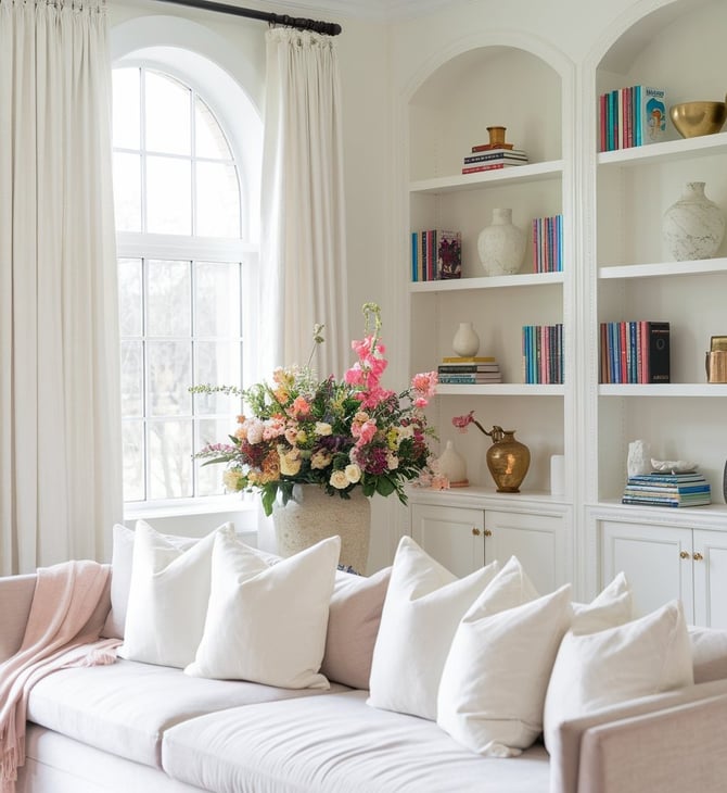 a couch with pillows and pillows in a living room