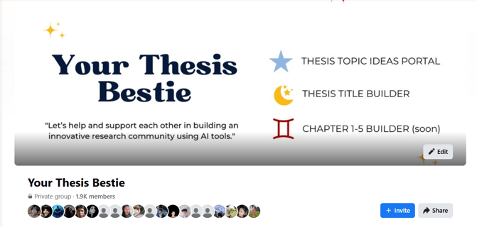 Facebook group titled 'Your Thesis Bestie' with a 1.9K member count and AI research tools.