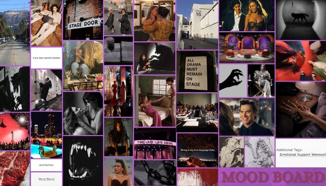 A collage of images of an actress, red carpet, werewolves, and a talk show set.