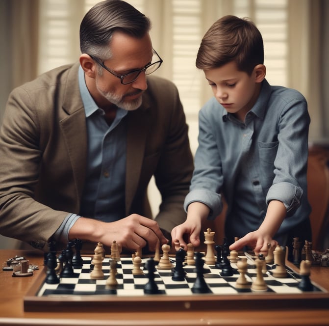 A close-up of a chessboard with black and white chess pieces arranged for play. The background consists of bookshelves filled with various books, creating a cozy, intellectual atmosphere.