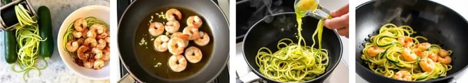 Sautéed shrimp zucchini noodles, and fresh herbs step by step