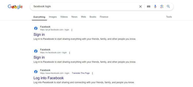 Google search results for 'Facebook login' showing links to the Facebook login page, illustrating navigational search intent.