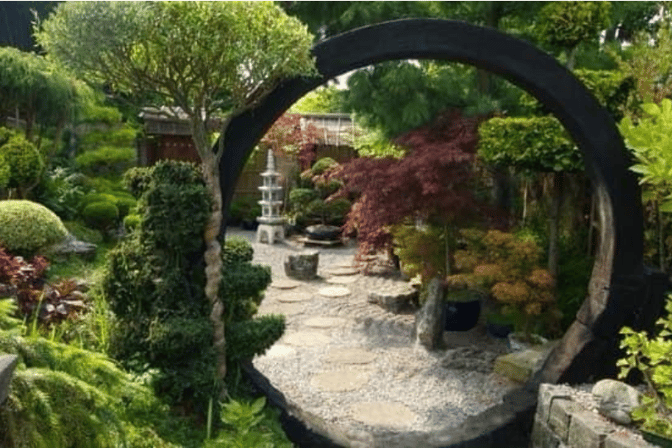 a garden with a circular mirror in the middle