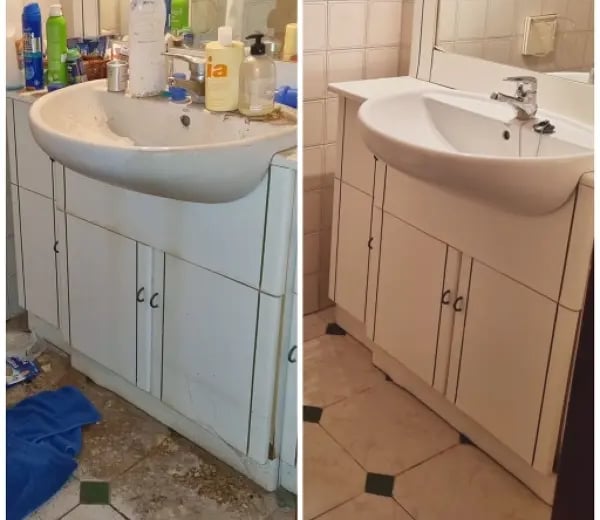 Antes y después limpieza profunda de baño en Baena, Córdoba	Transformación de baño tras limpieza 