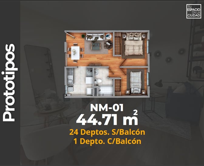 LASU Características Depto.  Plano con 2 recamaras, sala comedor, baño y cocina. 44 m2