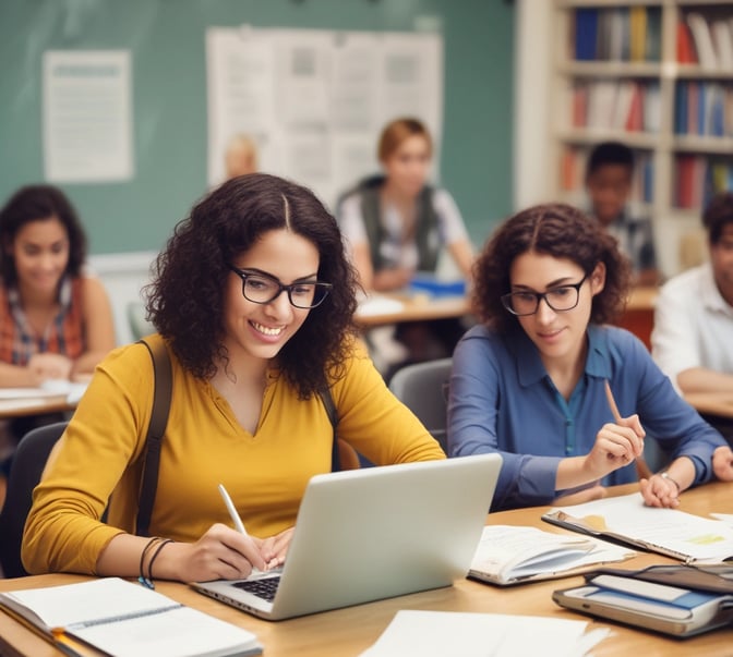 A classroom of engaged students, primarily young women, are sitting in rows wearing white uniforms with braided hair. They appear to be focused and attentive, suggesting a classroom setting. The sunlight filters through the windows, creating a warm ambiance.