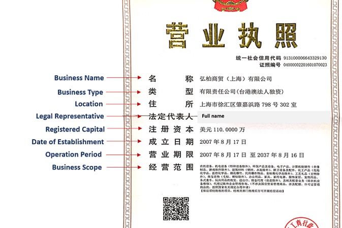 Chinese business license example