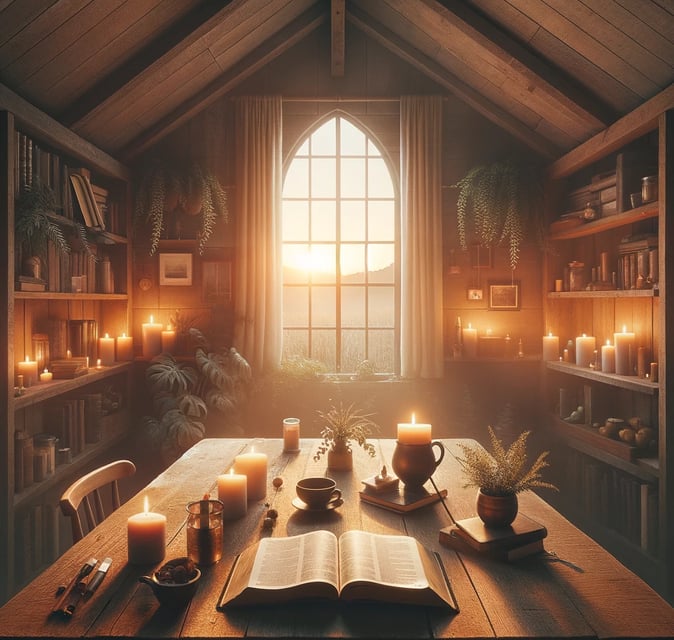 Tranquil prayer corner with open Bible, lit candle, and sunrise view, embodying a peaceful Monday