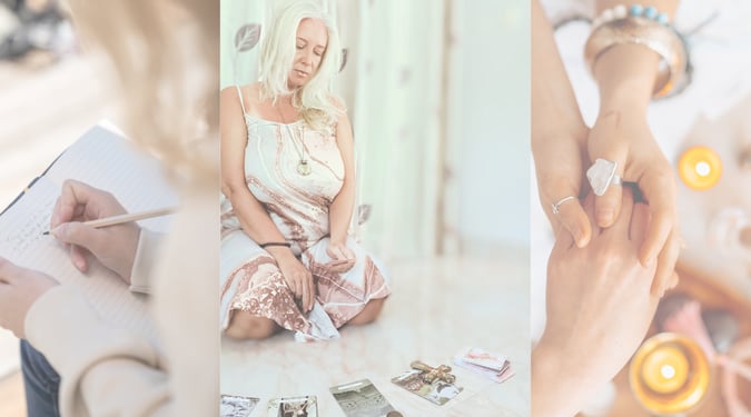 Journaling, tarot, and ritual touch—symbolic gateway into healing, myth, and soulful remembrance