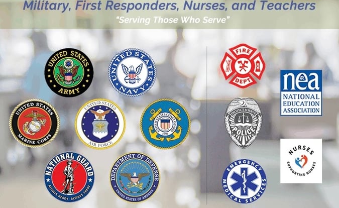 10% DISCOUNTS FOR MILITARY, FIRST RESPONDERS, NURSES, TEACHERS