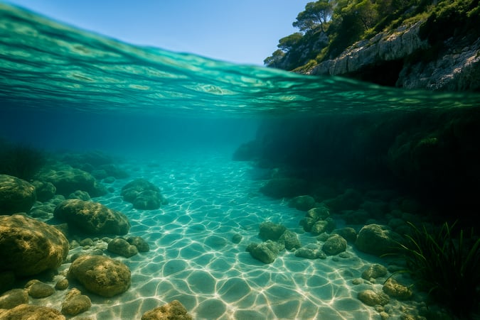 Cala secreta en Mallorca con aguas cristalinas rodeadas de acantilados y vegetación – Maiorca Unlocked
