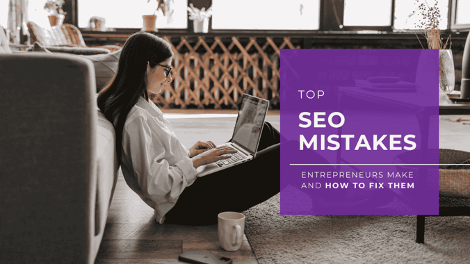 woman working on laptop plus text "Top SEO mistakes"
