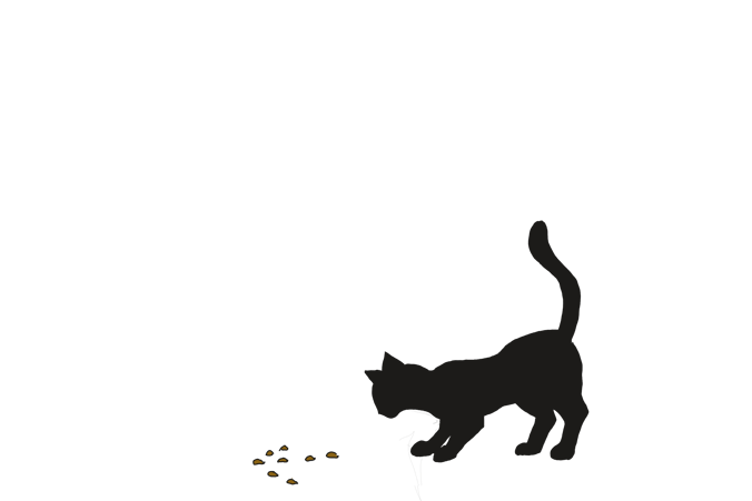 drawing of a cat silhouette following an arrow made from cat food