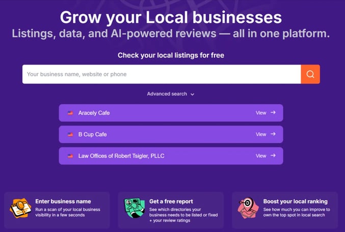 Screenshot of Semrush listing management tool's homepage