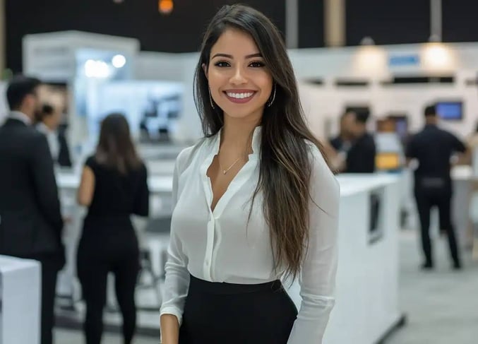 Modelo de protocolo mujer con camisa blanca y pantalón negro