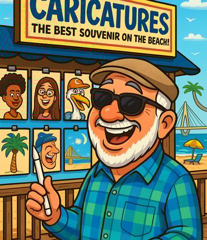 An older guy, a caricature artist, at a caricature booth at the beach.