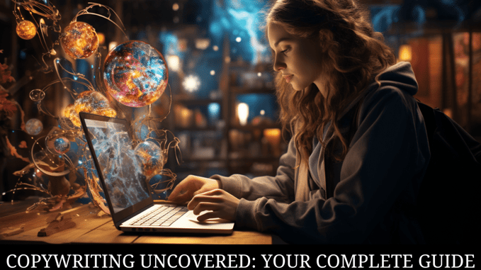 copywriter working on a laptop, coloured bubbles exiting the screen, representing creativity