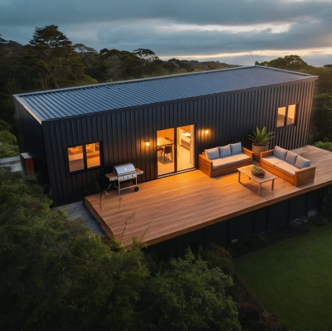 Exterior image of tiny home at dusk