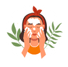 a woman with a red hair and a red headband, holding her hands up
