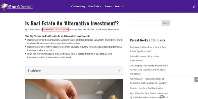 Screenshot from SparkRental showing the importance of having articles written or reviewed by an expert