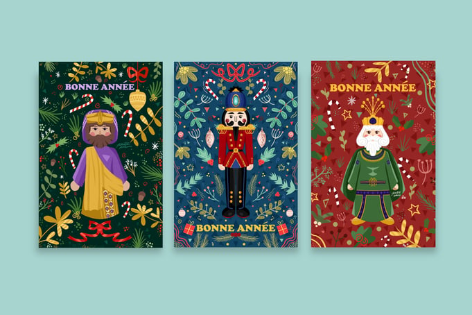 Lot de 3 cartes de nouvel an avec des motifs floraux et des santons de noël