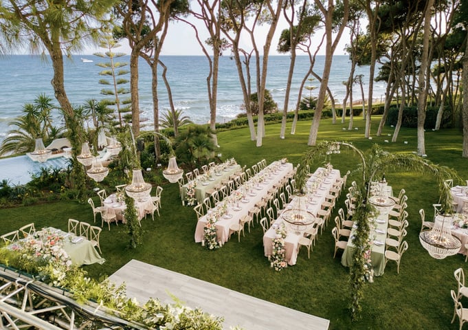 Aerial view of Villa El Rincon in Marbella during a luxury seaside destination wedding with Mediterranean scenery.