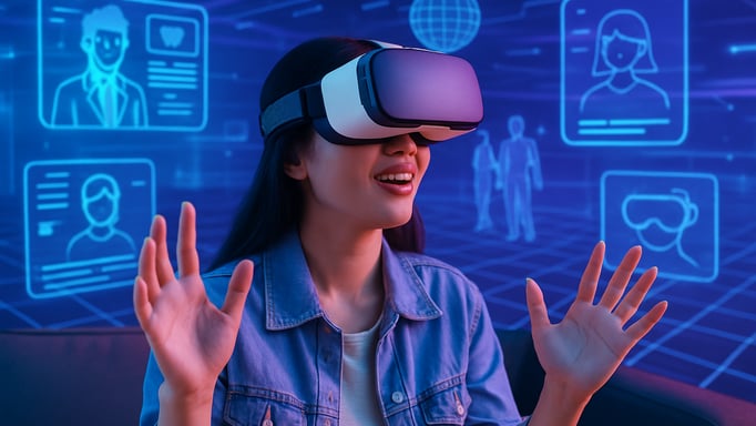 a woman in a blue shirt and jeans jacket with a virtual reality