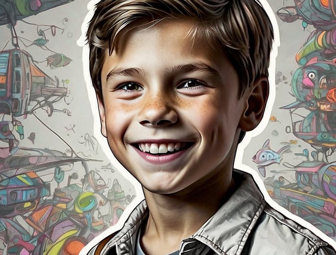Portrait photo transformed into a comic painting of  a boy with a backpack and a backpack