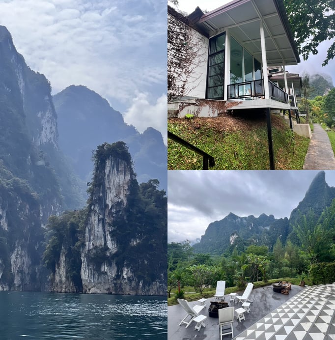 Views of soaring mountains surrounding a lake in Khao Sok, Thailand, A glass bungalow and mountains