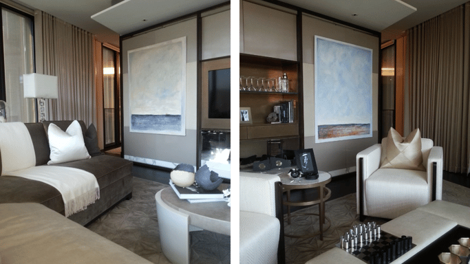 Layered abstract painting bespoke artwork by Lumai Studio for private residence at One Hyde Park Lon