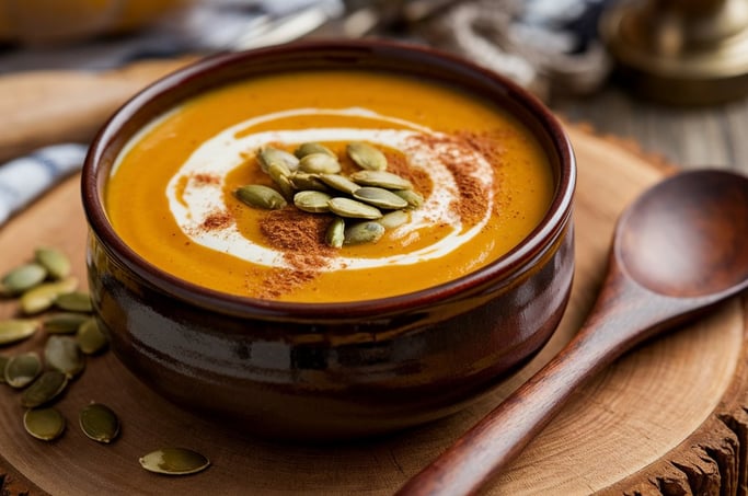 a bowl of soup with pumpkin seeds and pumpkin seeds