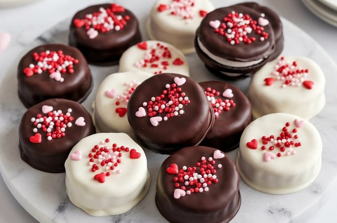 Oreo cookies coated in glossy chocolate, decorated with Valentine’s-themed sprinkles, arranged on a