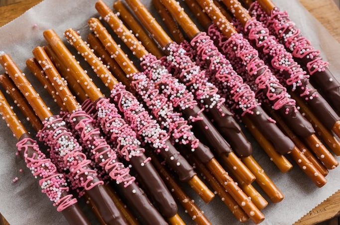 Long pretzel rods dipped in milk chocolate, decorated with pink and white sprinkles, neatly displaye