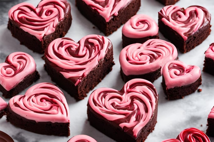 Fudgy brownies cut into perfect heart shapes, decorated with red and pink frosting swirls.