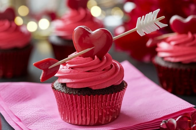 Vibrant red cupcakes with a toothpick arrow piercing a candy heart, displayed on a festive pink napk