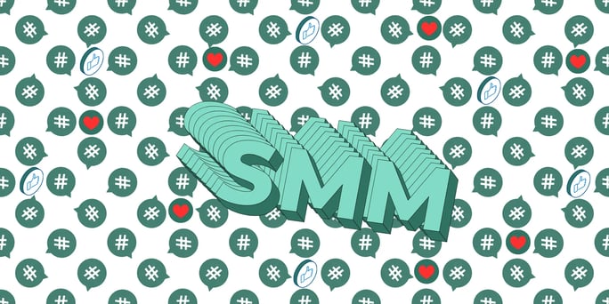 A stylized graphic featuring the large 3D letters “SMM” against a repeating background of speech bubbles.