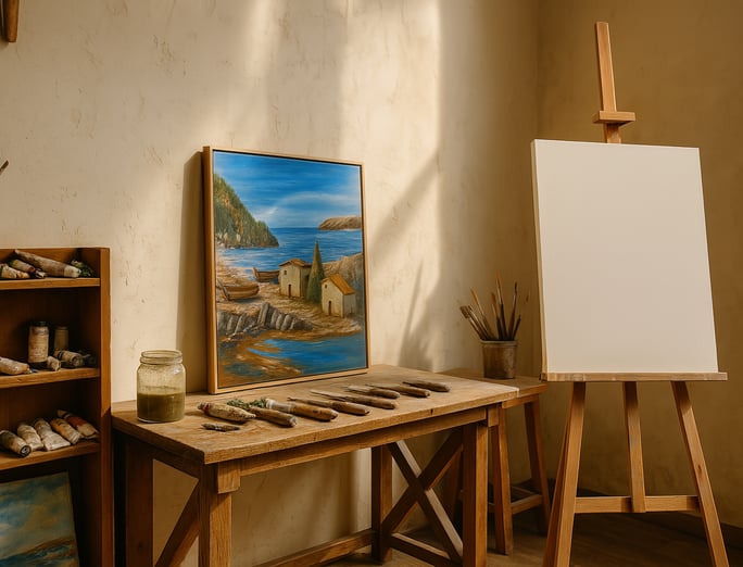 Atelier d’artiste pour création de tableaux sur-mesure, espace de peinture à l’huile et au couteau.