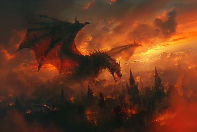 Dragon flying over burning citiscape