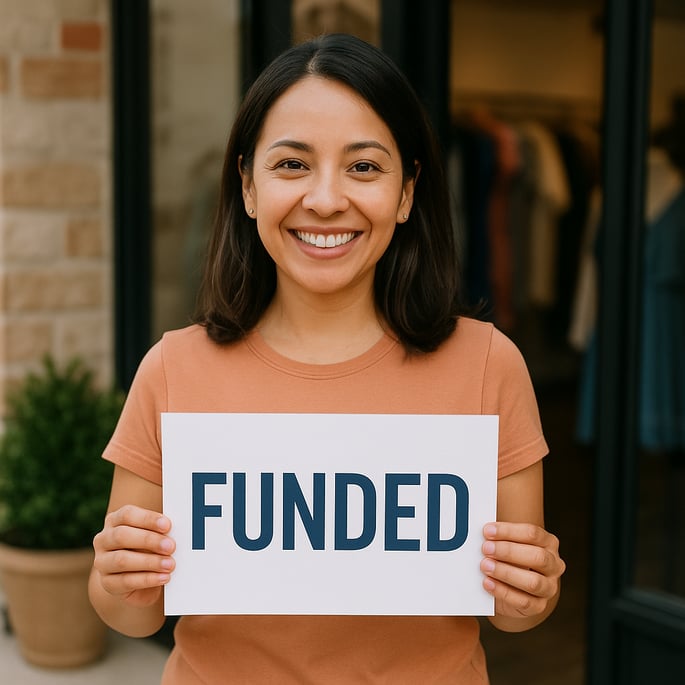 Business owner holding a funded sign