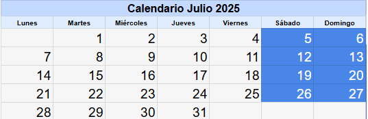 Calendario 80 horas doblaje en fin de semana  julio 2025