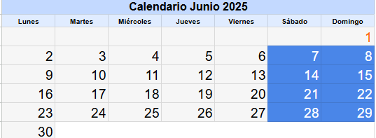Calendario 80 horas doblaje en fin de semana  junio 2025