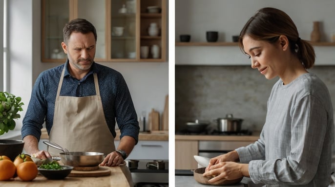 Two people cooking, one is learning and is confused, the other is happy and calm