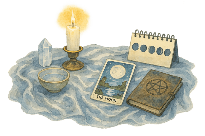 watercolor illustration of a witches altar with silver altar cloth, a white candle, crystal, small b