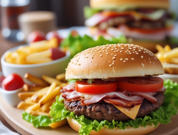 A gourmet plate with a hamburger featuring a glossy, toasted bun, accompanied by fresh mixed greens and crunchy onion rings. A small dish with a red dipping sauce is also present, enhancing the sophisticated dining presentation.
