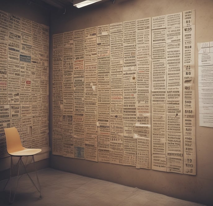 A smartphone displaying a list of articles with their titles, authors, and reading times is placed on a wooden surface. The phone screen is illuminated, and a part of a laptop is visible in the background.