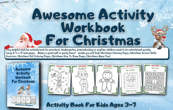 Awesome Actiity Workbook For Christmas is an activity book for kids ages 3-7