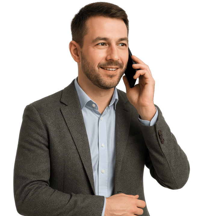 Mężczyzna w marynarce rozmawia przez telefon z firmą oferującą sprzątanie w Gdańsku i Trójmieście, chcąc zamówić usługę