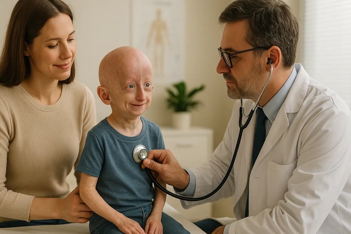 Niño con síndrome de Hutchinson-Gilford (Progeria) siendo atendido por un médico mientras su madre l