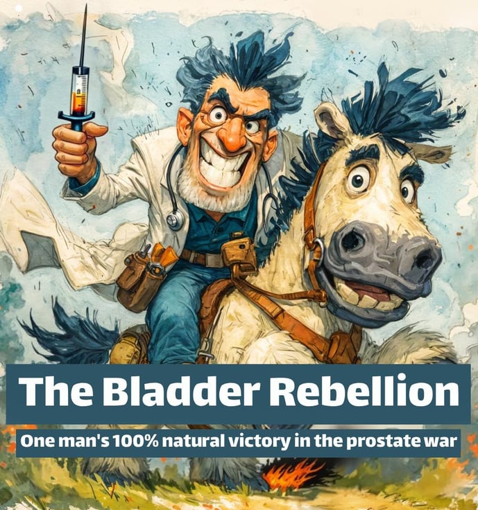 A cartoon image of a doctor on a shire horse holding a syringe like a sword
