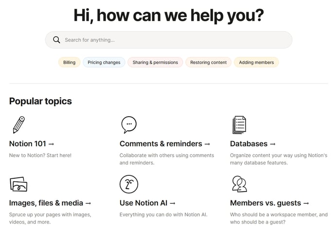 Notion AI customer service page